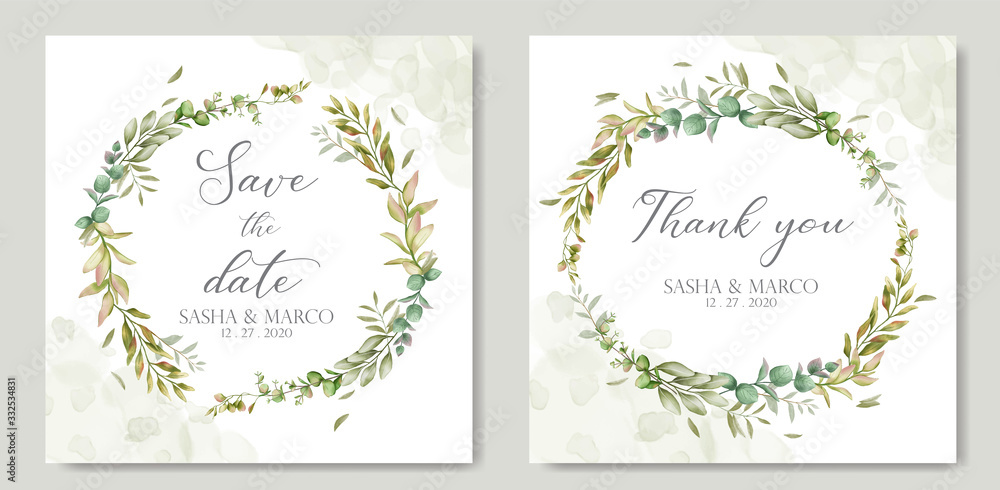 Greenery wedding invitation with eucalyptus leaf
