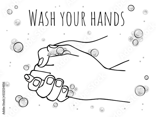 Poster calling to wash your hands. Hands in soapy foam.