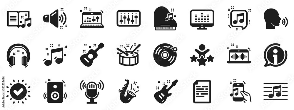 Set of Acoustic guitar, Musical note and Vinyl record. Music icons. Jazz saxophone, Drums with drumsticks and DJ controller icons. Sound check and Jazz, Music making and Electric guitar signs. Vector Set of Acoustic guitar, Musical note and Vinyl record. Music icons. Jazz saxophone, Drums with drumsticks and DJ controller icons. Sound check and Jazz, Music making and Electric guitar signs. Vector