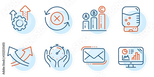 Seo gear, Timer and Reject refresh signs. Messenger mail, Intersection arrows and Analytics graph line icons set. Graph chart, Water cooler symbols. New e-mail, Exchange. Technology set. Vector