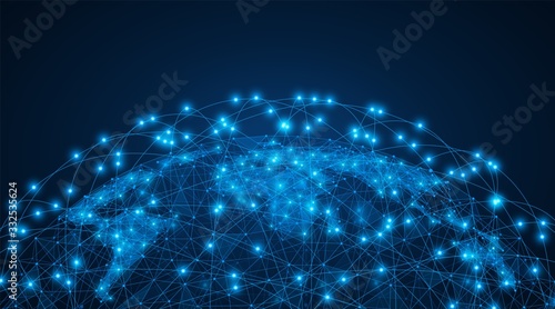 Digital global network. High-speed data transfer technology. The world wide web. Polygonal map of the world.