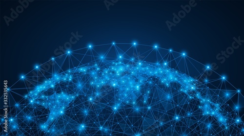 Polygonal map of the world. The concept of a global digital network. Structure of the particle system. Blue background.
