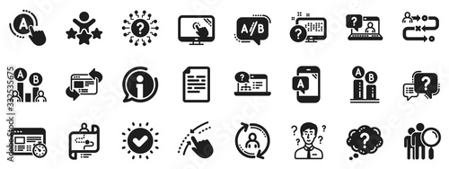 Set of AB testing, Journey path map and Question mark icons. UX icons. Usability quiz test, Ux Ui and User flow. Project process, ab testing graph, survey test results. Quiz question. Vector