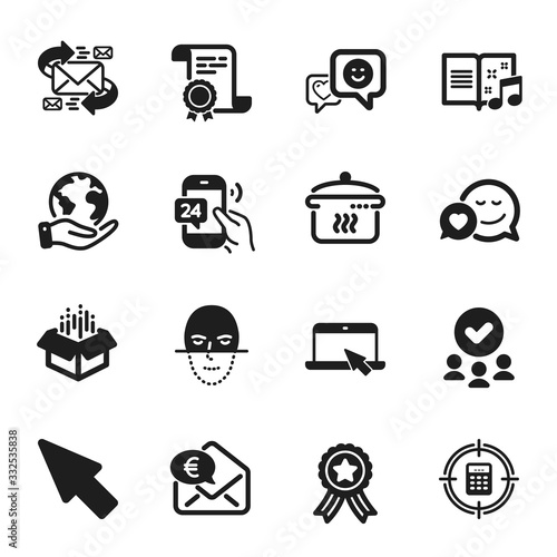 Set of Business icons, such as Smile, Boiling pan. Certificate, approved group, save planet. Mouse cursor, Euro money, Calculator target. E-mail, Portable computer, Dating. Vector