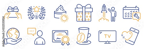 Set of Business icons, such as Spanner, Coffee cup. Certificate, save planet. Ranking, Sun cream, Tv. Gift box, Users chat, Heart. Give present, Launch project line icons. Vector