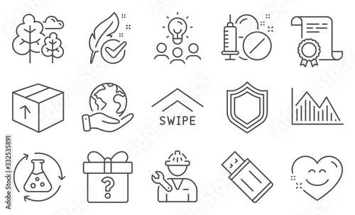 Set of Business icons  such as Tree  Usb flash. Diploma  ideas  save planet. Investment graph  Repairman  Security. Secret gift  Medical drugs  Hypoallergenic tested. Vector