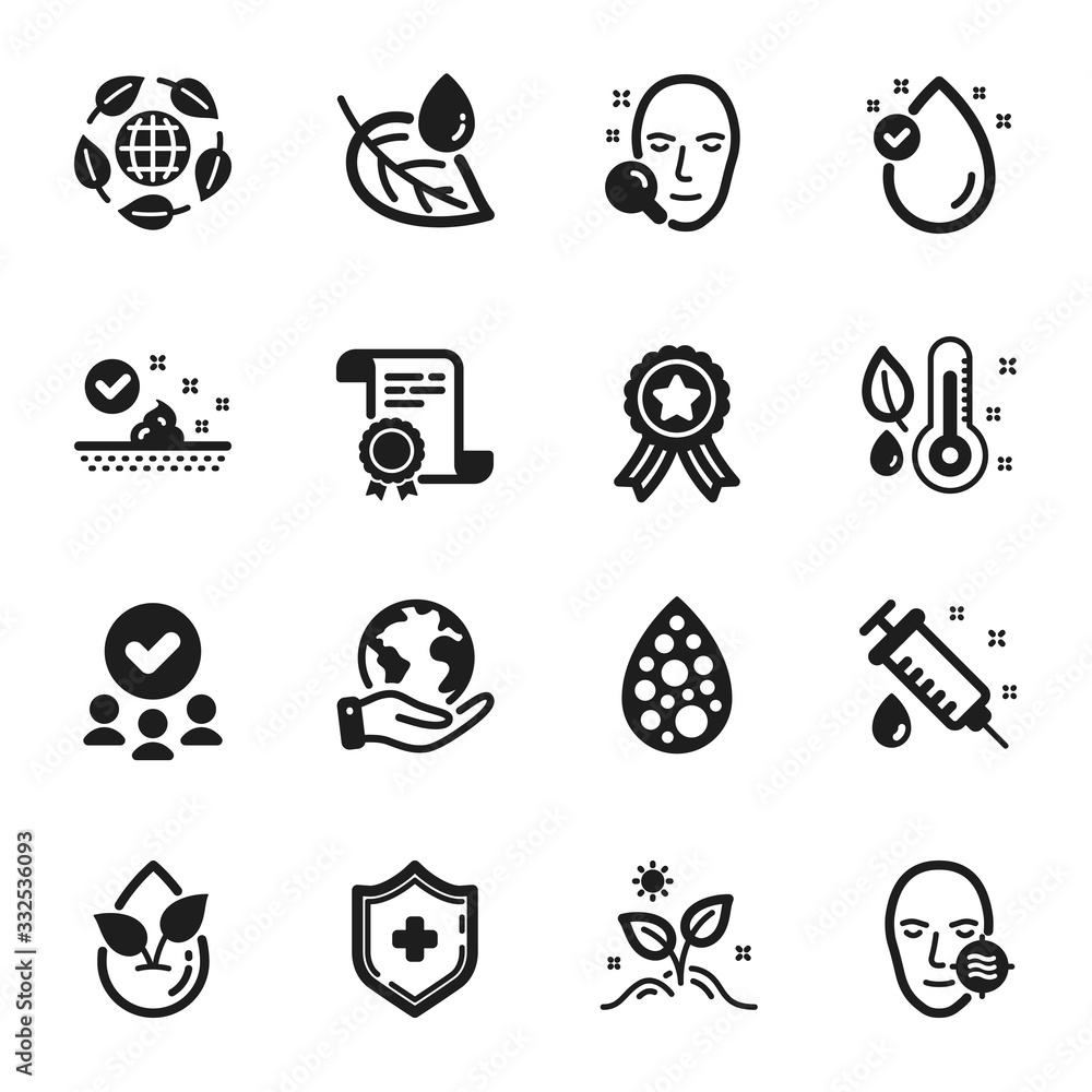 Set of Healthcare icons, such as Problem skin, Skin care. Certificate, approved group, save planet. Artificial colors, Organic product, Leaf dew. Face search, Eco organic, Thermometer. Vector