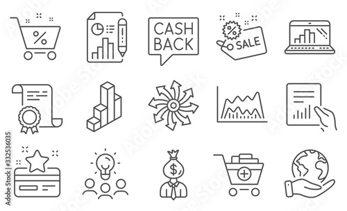 Set of Finance icons, such as Versatile, Report document. Diploma, ideas, save planet. Add products, Loan percent, Money transfer. Manager, 3d chart, Document. Vector