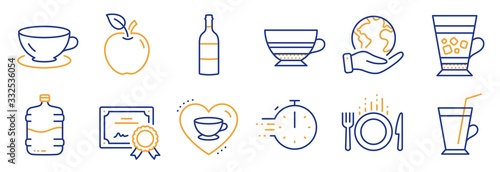 Set of Food and drink icons, such as Wine bottle, Espresso. Certificate, save planet. Coffee cup, Frappe, Mocha. Love coffee, Cooler bottle, Food. Cooking timer, Apple line icons. Vector