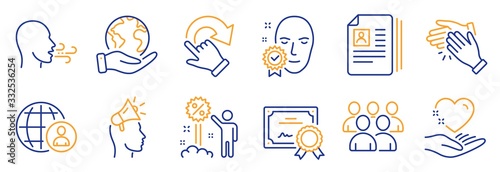 Set of People icons, such as Rotation gesture, Group. Certificate, save planet. International recruitment, Discount, Breathing exercise. Brand ambassador, Hold heart, Clapping hands. Vector