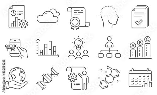 Set of Science icons such as Settings blueprint, Face scanning, Cloudy weather. Diploma, ideas, save planet. Report, Graph chart, Diagram graph. Handout, Chemical formula, Education. Vector