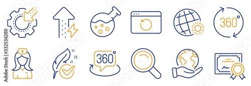 Set of Science icons, such as Energy growing, World weather. Certificate, save planet. Recovery internet, Hospital nurse, Search. 360 degrees, Seo gear, Chemistry lab. Vector