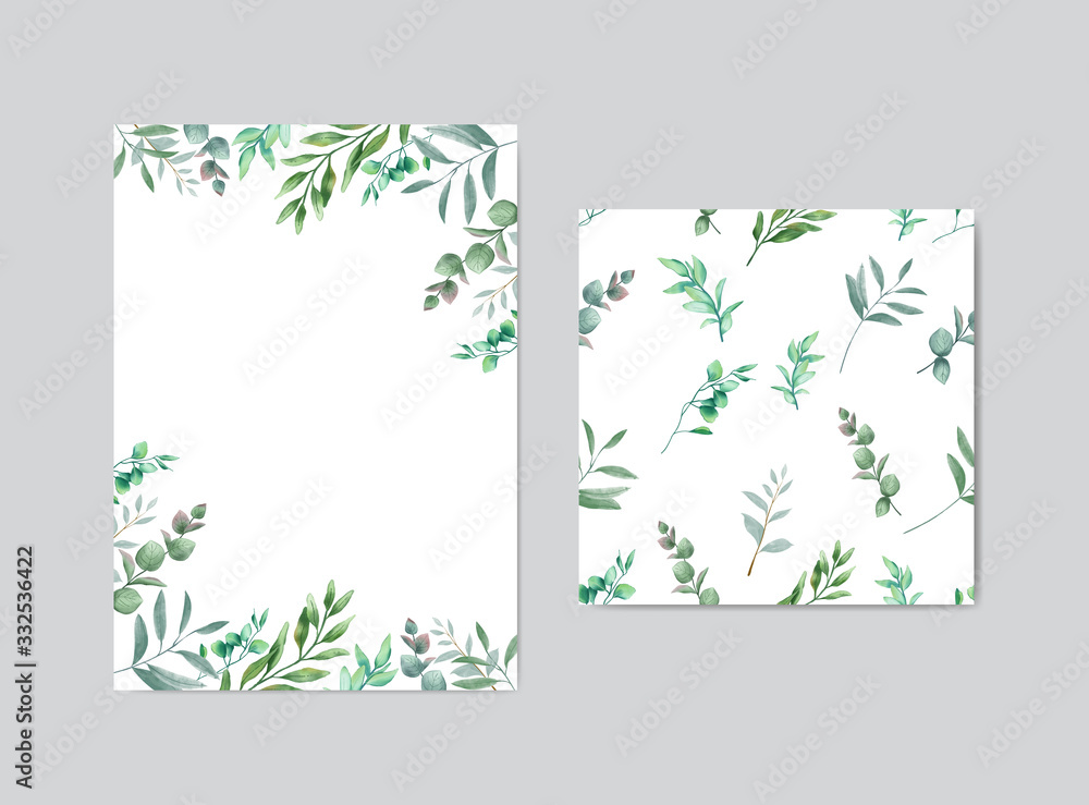Beautiful wedding invitation card with leaves background & seamless pattern print bundle