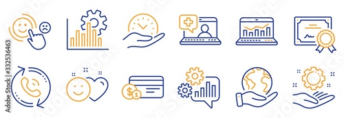 Set of Technology icons, such as Seo graph, Cogwheel. Certificate, save planet. Call center, Medical help, Safe time. Smile, Web analytics, Employee hand. Vector