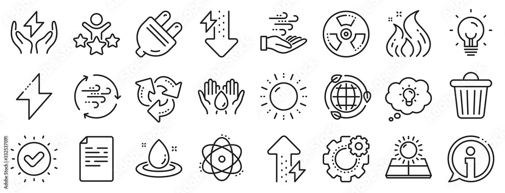 Fototapeta premium Solar panels, wind energy and electric thunder bolt. Energy line icons. Fire flame, hazard, green ecology icons. Electric plug, thunderbolt, recycling trash can. Solar power. Vector