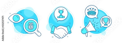 Sports arena, Approved and Winner podium line icons set. Handshake deal, research and promotion complex icons. Winner sign. Event stadium, Competition results, Sports achievement. Sports set. Vector