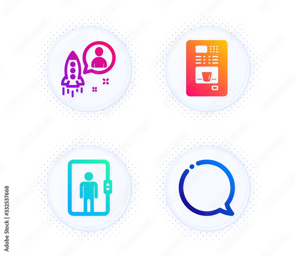 Startup, Elevator and Coffee vending icons simple set. Button with halftone dots. Speech bubble sign. Developer, Office transportation, Coffee vending machine. Chat message. Business set. Vector Startup, Elevator and Coffee vending icons simple set. Button with halftone dots. Speech bubble sign. Developer, Office transportation, Coffee vending machine. Chat message. Business set. Vector