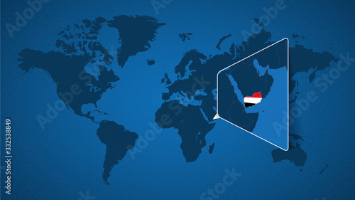 Detailed world map with pinned enlarged map of Yemen and neighboring countries.