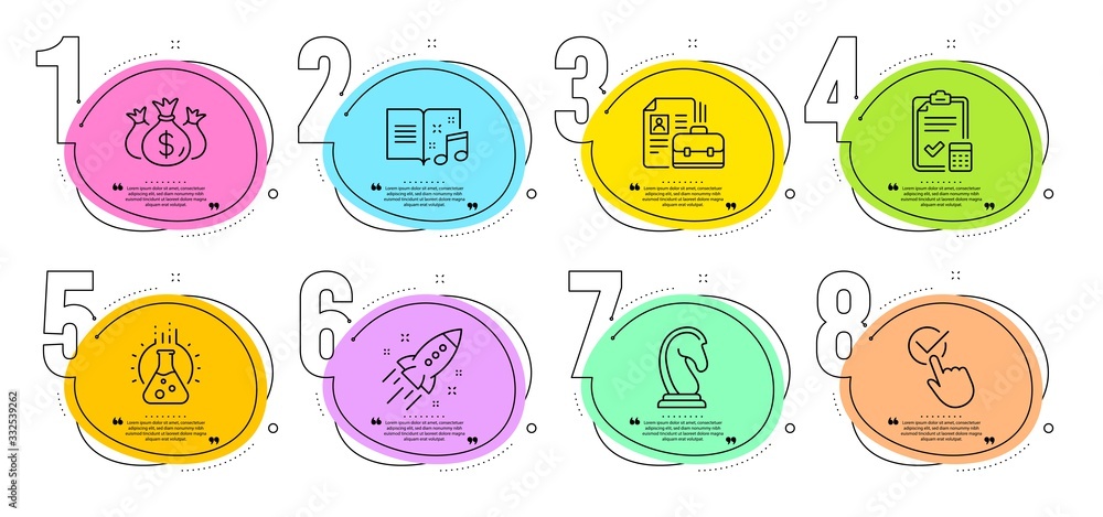 Vacancy, Marketing strategy and Music book signs. Timeline steps infographic. Chemistry lab, Check investment and Accounting checklist line icons set. Checkbox, Startup rocket symbols. Vector Vacancy, Marketing strategy and Music book signs. Timeline steps infographic. Chemistry lab, Check investment and Accounting checklist line icons set. Checkbox, Startup rocket symbols. Vector