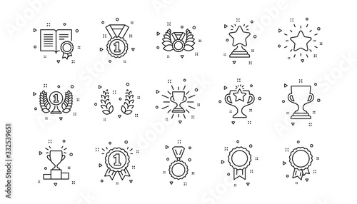 Winner medal, Victory cup and Trophy reward. Award line icons. Achievement linear icon set. Geometric elements. Quality signs set. Vector