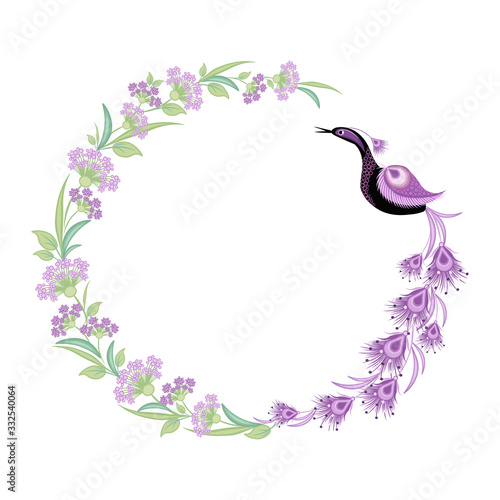 "Vector illustration with peacock bird and floral wreath. Circle frame with hand painted elements, allium flowers and green leaves. Traditional Asian style style. Design element for decor, card, print