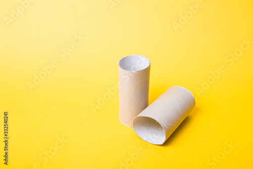 two toilet paper bushes on a yellow background copy space, toilet paper has ended, crisis 2020