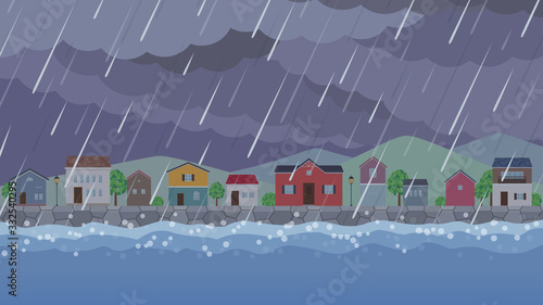 街並みの背景イラスト_雨_増水_16:9
