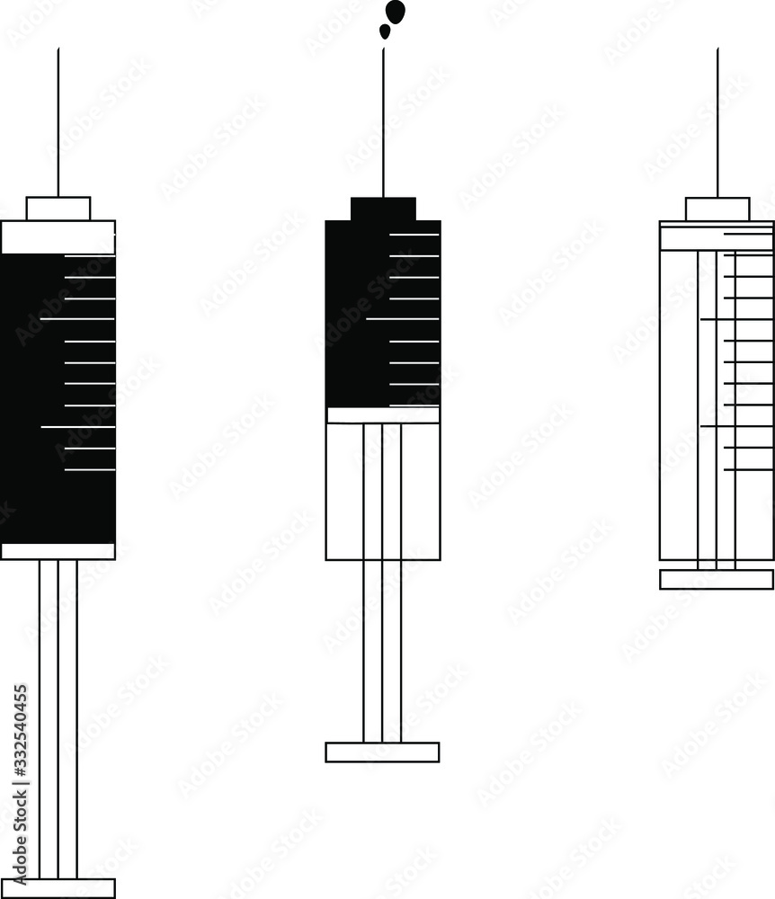 Injection equipment in action, needle vector illustration for medical instructions, simple flat design of liquid injection in therapy or vaccination process, vaccine in syringe Injection equipment in action, needle vector illustration for medical instructions, simple flat design of liquid injection in therapy or vaccination process, vaccine in syringe