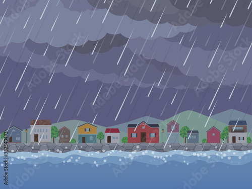 街並みの背景イラスト_雨_増水