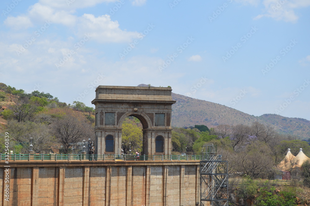 Hartbeespoort Dam Arch de triumph entrance with Crest gates monument on the flood dam