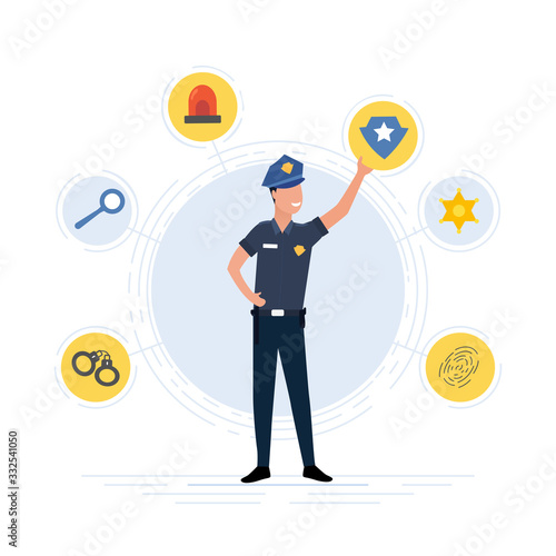 Police officer in uniform surrounded by a circle of law enforcement icons showing handcuffs, search, strobe light, shield, star and fingerprint, vector illustration