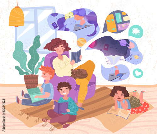 Young mother with her three small children and pet cat relaxing in the living room reading books together in a colorful vector illustration