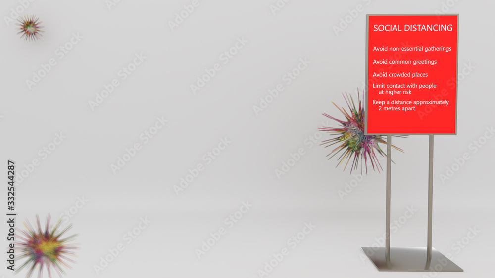 Obraz premium 3D rendering of a COVID-19 social distancing physical distancing floor stand sign holder for public