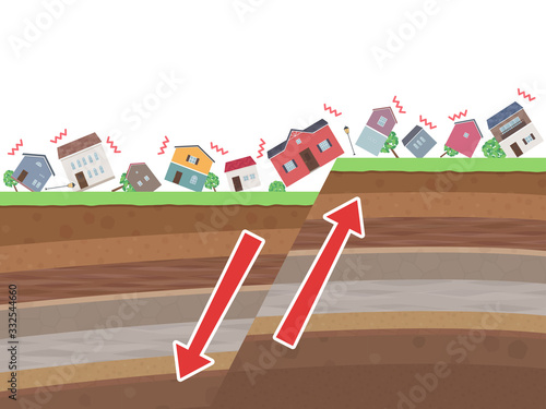 街並みと地震のイラスト_正断層_矢印