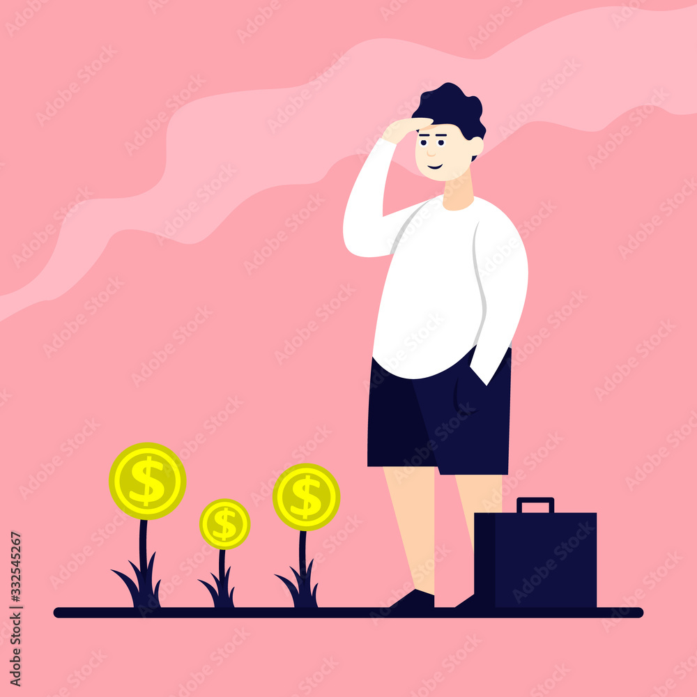Man watches coins grow on plants. Color flat cartoon illustration Man watches coins grow on plants. Color flat cartoon illustration