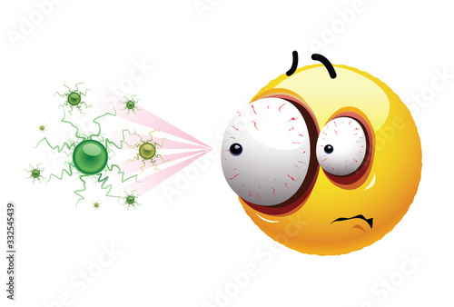 Smiley ball scared by the virus. Freaked out face of smiley surrounded by viruses.