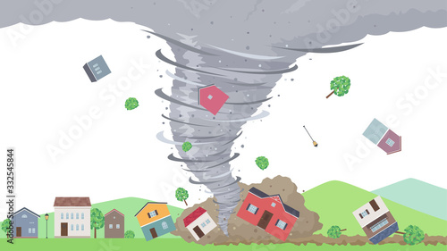 竜巻の被害にあう街のイラスト16:9