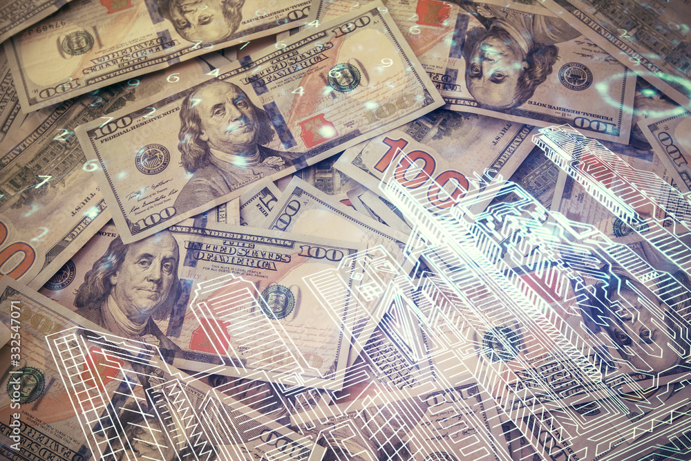 Double exposure of town drawing over usa dollars bill background. smart city concept. Double exposure of town drawing over usa dollars bill background. smart city concept.