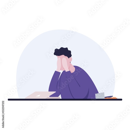 Upset businessman sitting on office chair. Color vector illustration