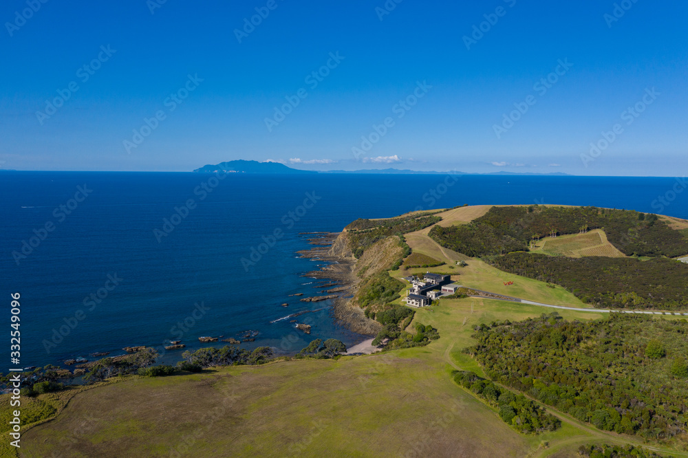 Aerial View from the Beach, Green Trees, City Streets and Waves of Omaha in New Zealand - Auckland Area Aerial View from the Beach, Green Trees, City Streets and Waves of Omaha in New Zealand - Auckland Area