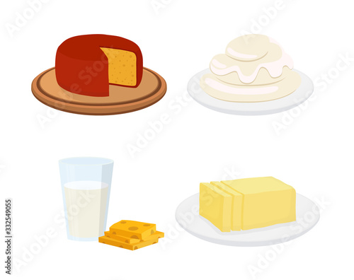 Vector milk products, cheese, sour cream, milk and butter
