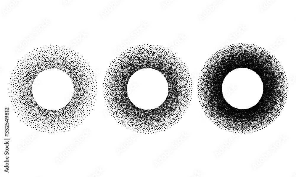Grunge spray stencil round frames. Gradient ink splatter dots template