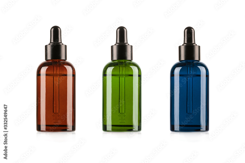 Set of Glass bottles  with dropper ,liquid essentail, collagen serum isolated on white background