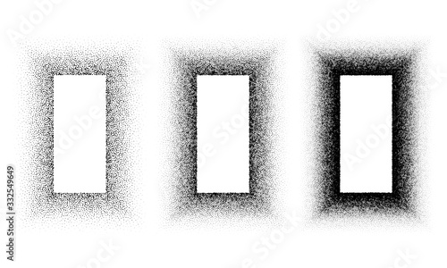 Grunge spray stencil rectangle frames. Gradient ink splatter dots template. Graffiti black halftone stencils border isolated on white. Vector illustration