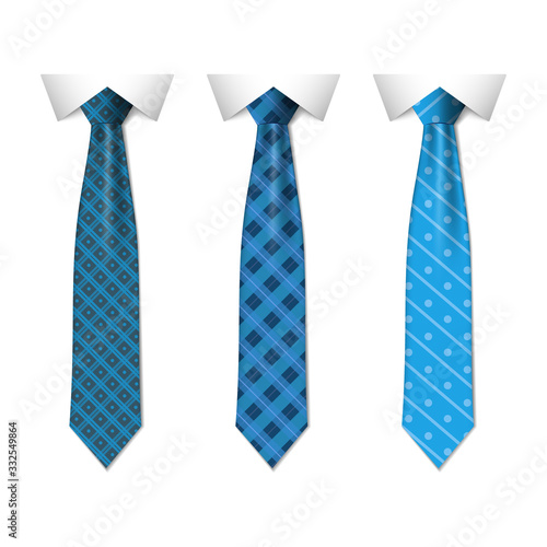 Set different blue ties isolated on white background. Colored tie for men. Vector plain illustration