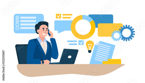 Work Day concept with businessman at his desk using a mobile phone and laptop surrounded by business associated icons, colored vector illustration