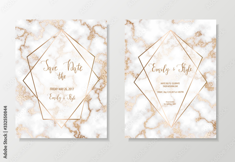 Marble gold background with geometric frame. 