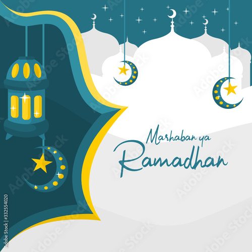 Islamic background Ramadhan theme vector illustration with silhouette of mosque and lantern in flat design