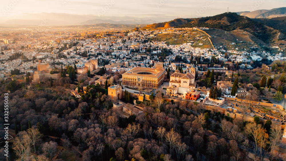 Famous spanish monument,the Alhambra palace aerial view.Fortress located Granada,Andalusia,Spain.UNESCO World Heritage Site in Spain.Arabic architectural attraction in Granada