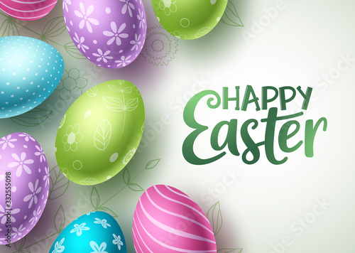 Happy easter vector background design. Happy easter text with colorful egg patterns in cute doodle background for easter holiday celebration. Vector illustration. 